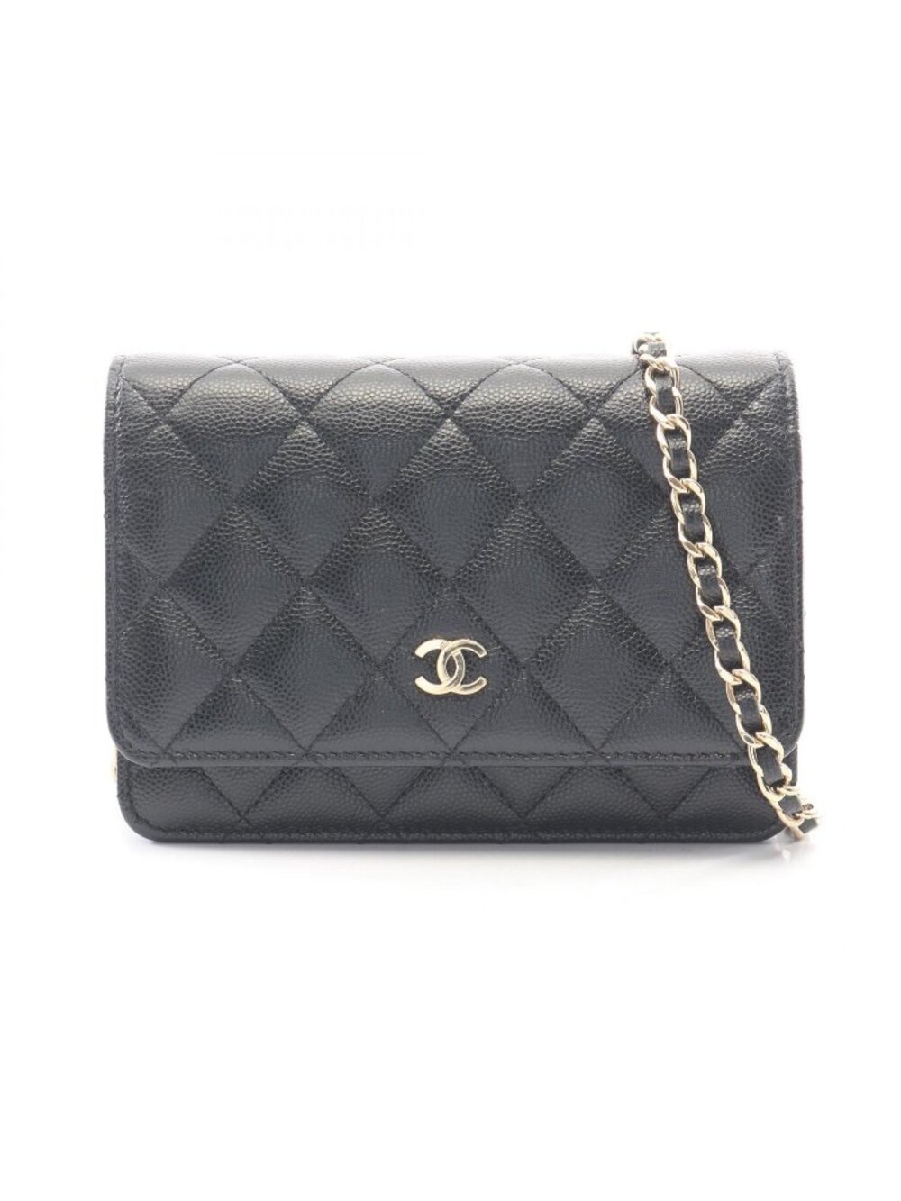 Chanel Shoulder Bag Quilted Mini Black Caviar Leather Chain Wallet